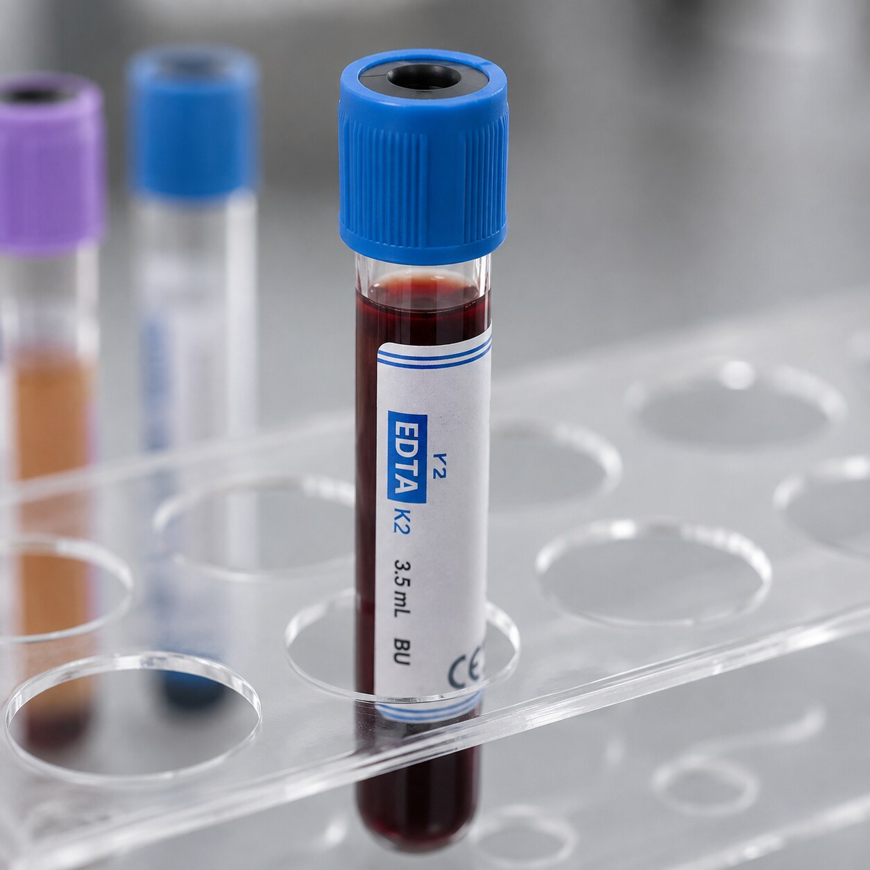 Close-up macro photograph of a royal blue-top EDTA blood collection tube used specifically for heavy metal testing