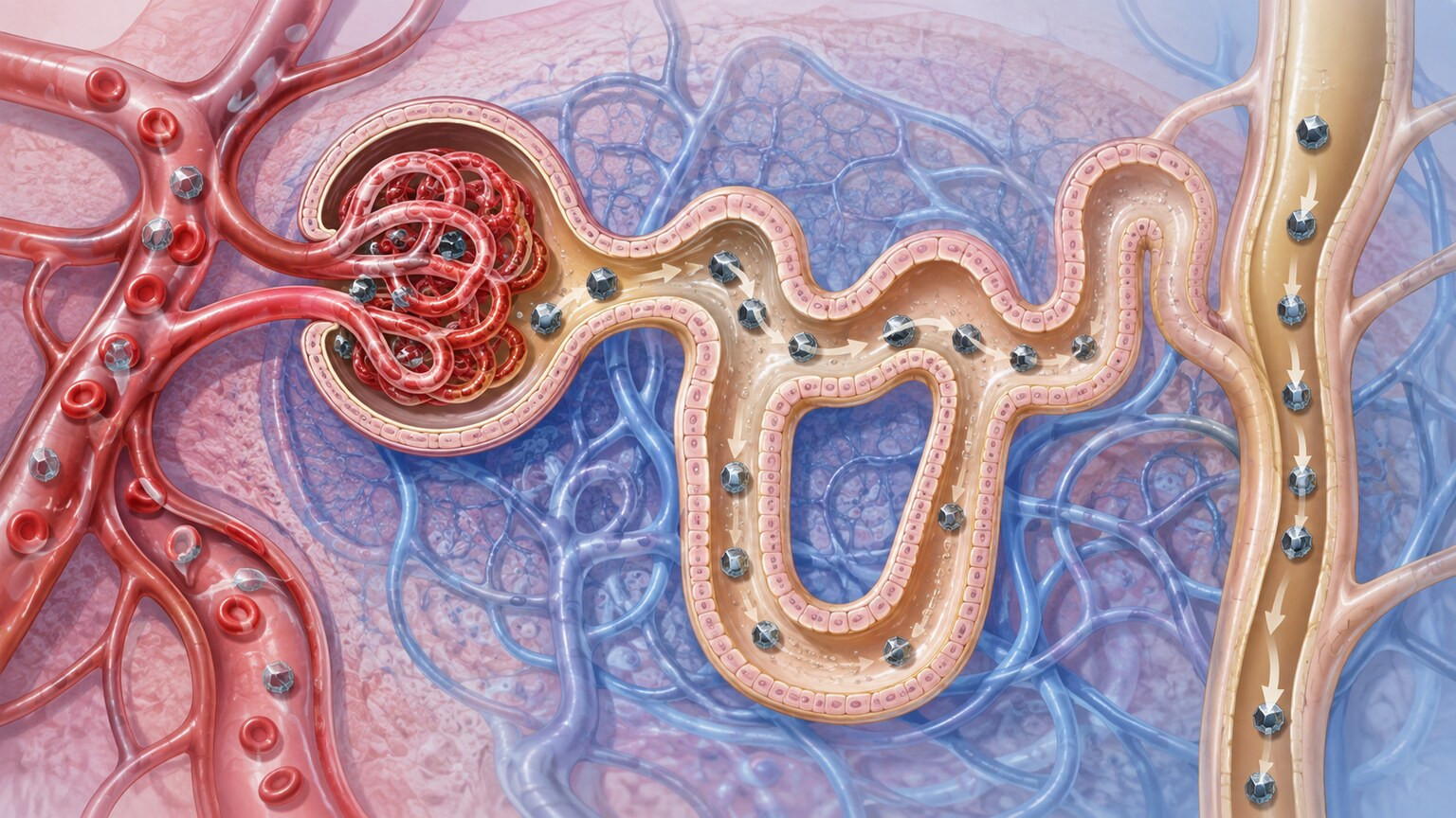 Illustration of a kidney nephron filtering heavy metal particles out of the bloodstream into urine