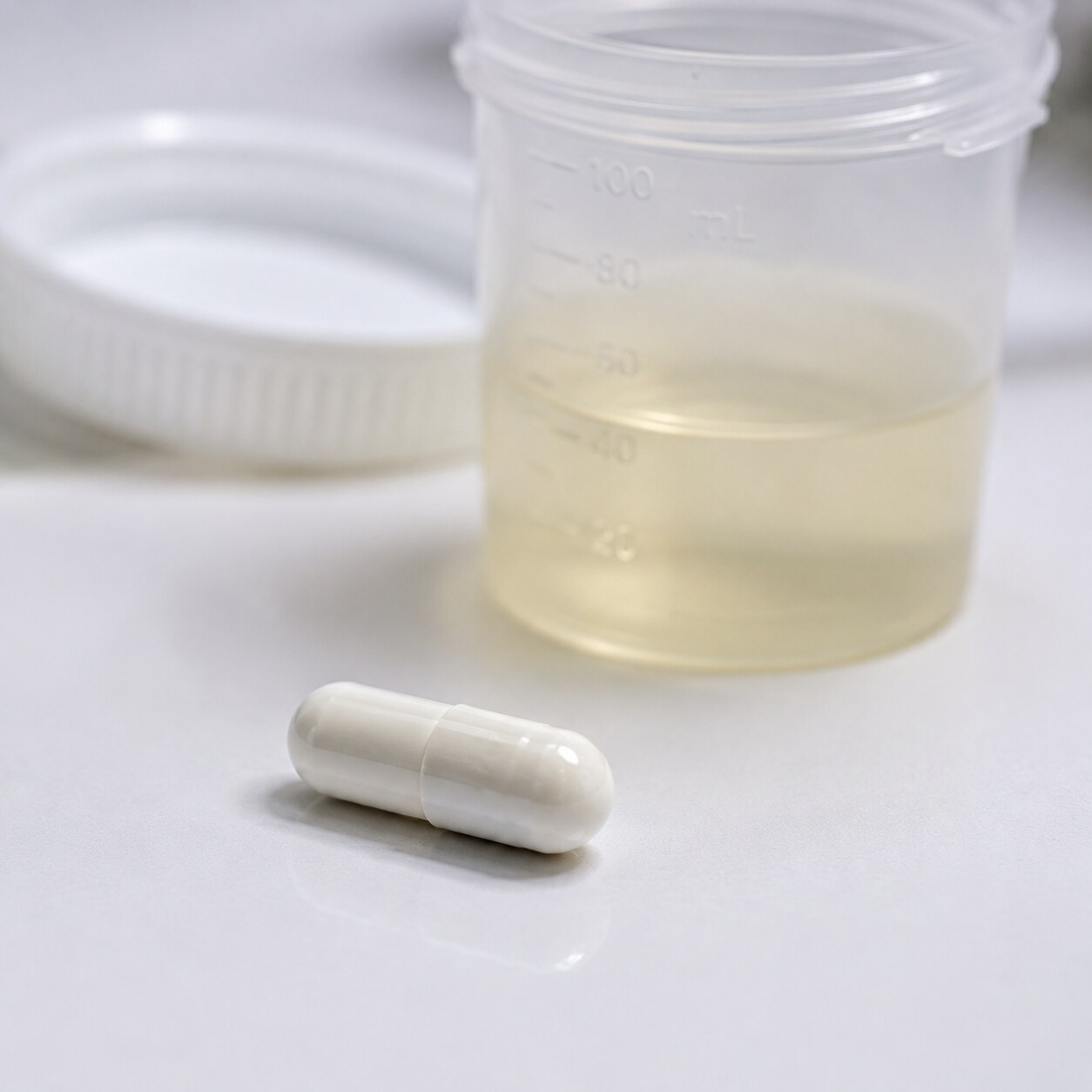 Close-up macro photograph of a DMSA chelating agent capsule beside a urine collection container