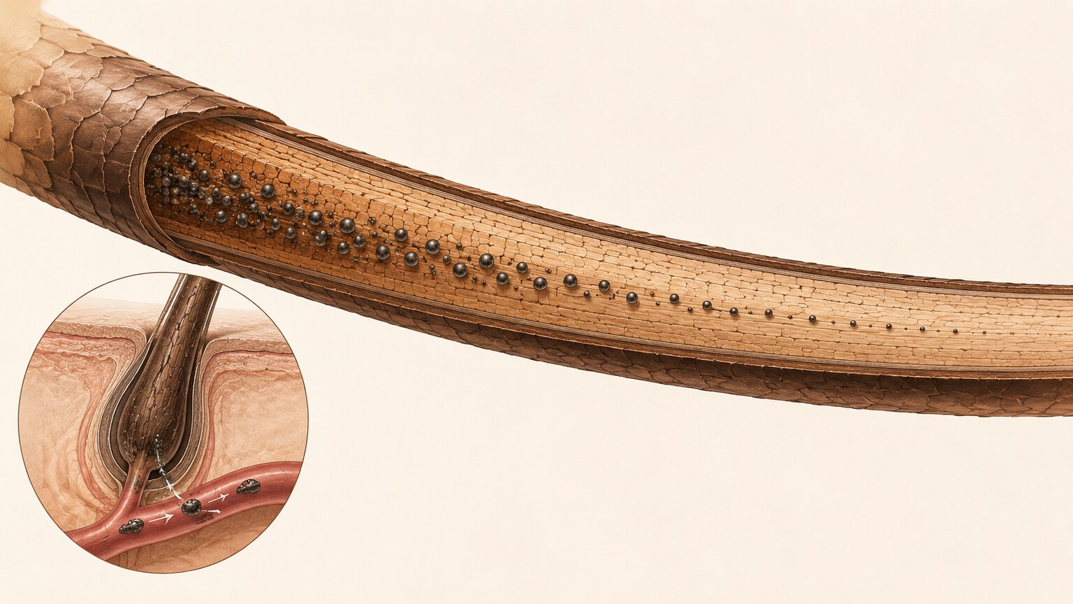 Illustration of a hair strand cross-section showing heavy metal particles incorporated along its length during growth