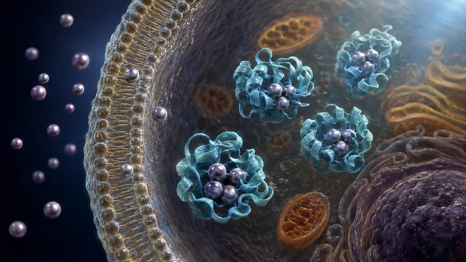 Scientific illustration of cadmium ions binding to metallothionein protein inside a kidney cell and accumulating over time