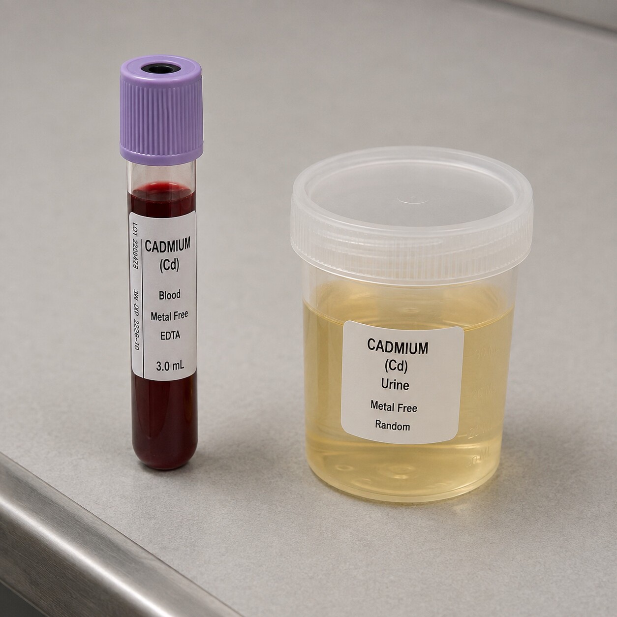 A labeled blood collection tube and a urine specimen cup positioned side by side on a lab counter for cadmium testing