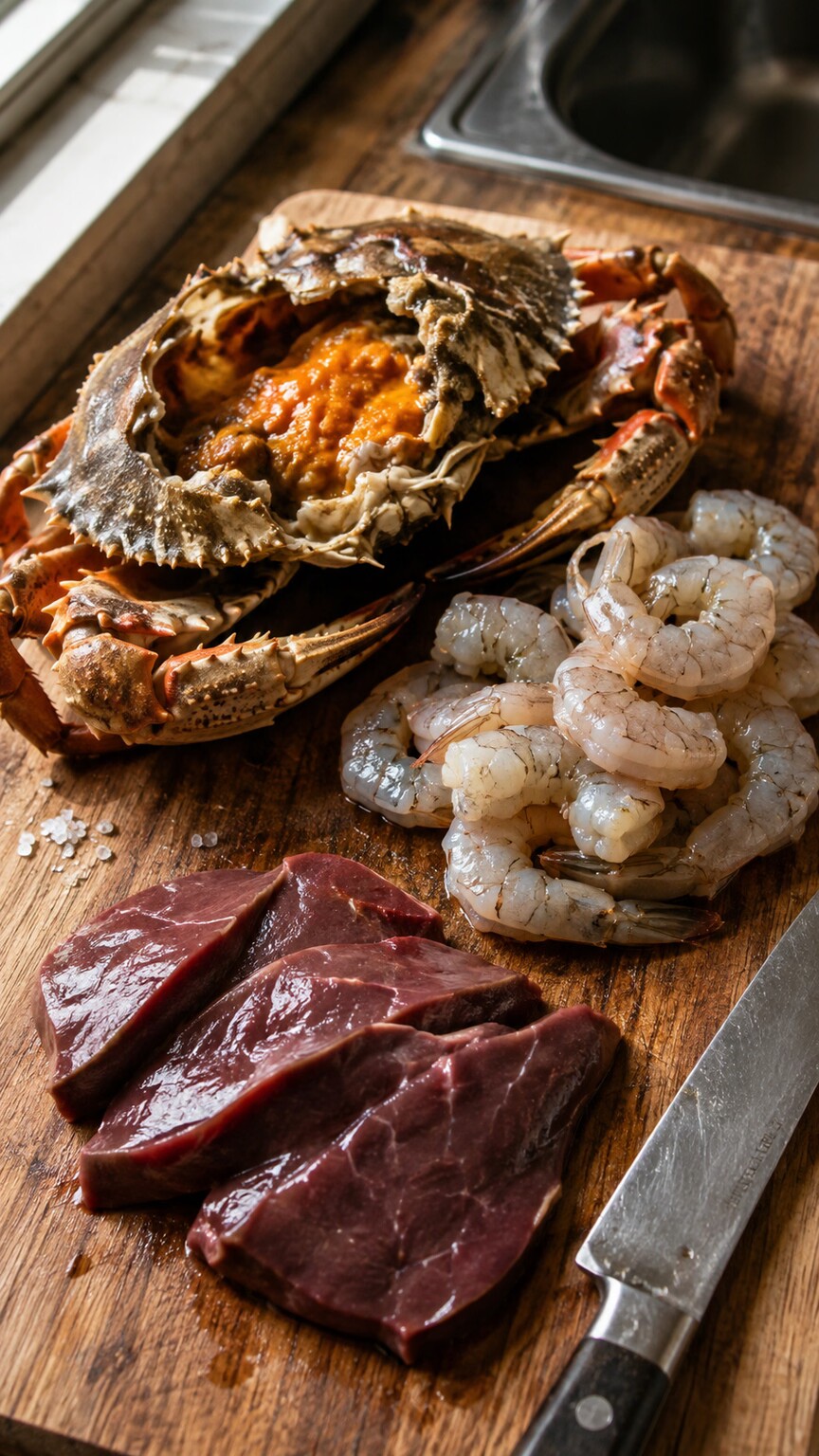 Fresh shellfish and organ meat displayed on a kitchen cutting board, foods known to concentrate cadmium from their environment