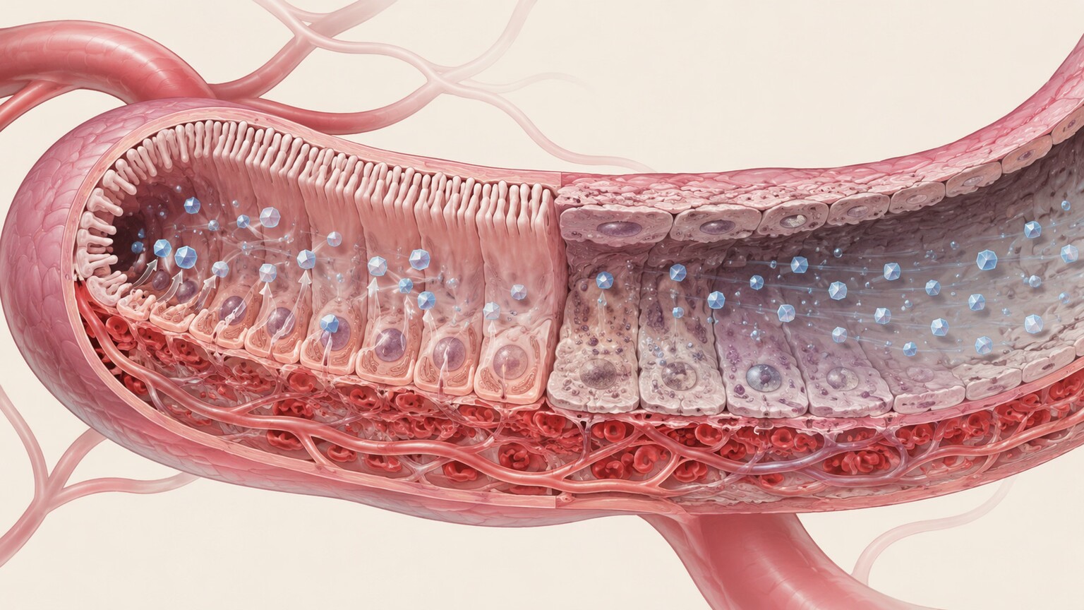 Scientific cross-section illustration of a kidney proximal tubule failing to reabsorb beta-2 microglobulin due to cadmium-induced cell damage