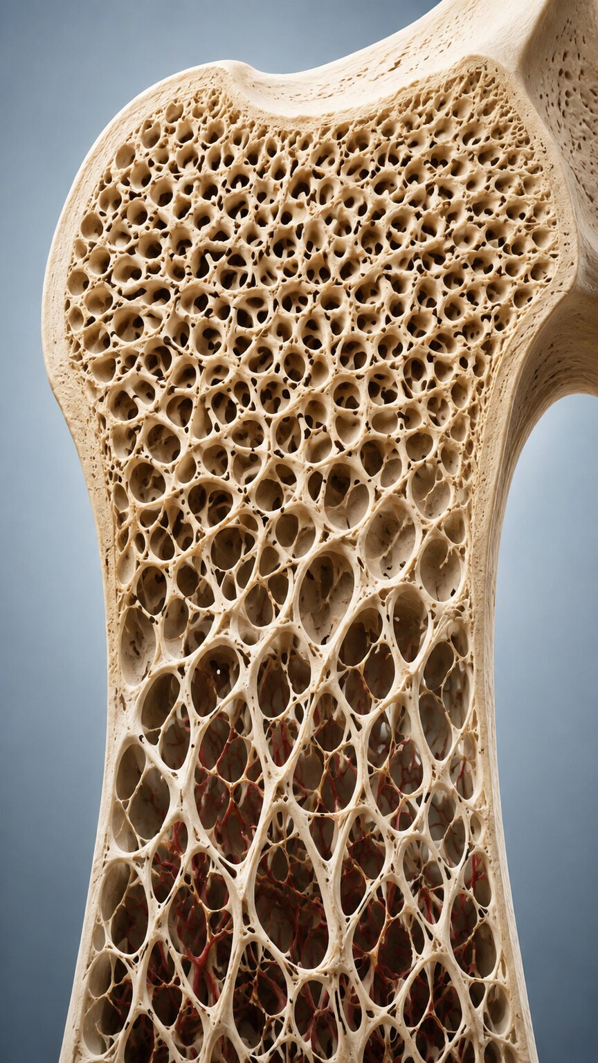 Scientific illustration of a cross-section of porous, demineralized bone tissue affected by chronic cadmium exposure