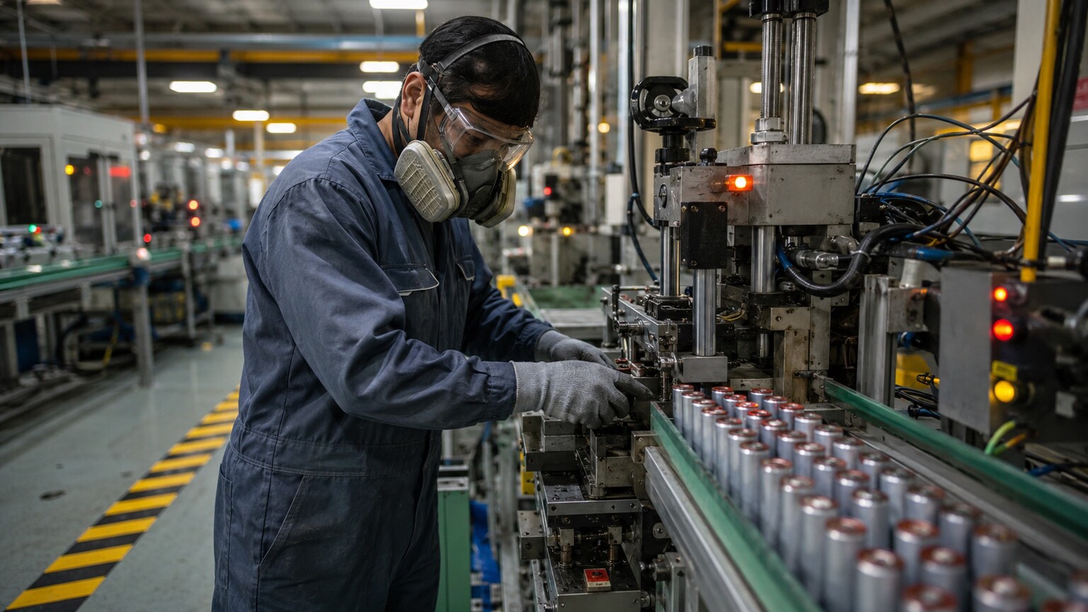 Industrial worker in protective gear operating machinery on a battery manufacturing production line where cadmium exposure risk is elevated