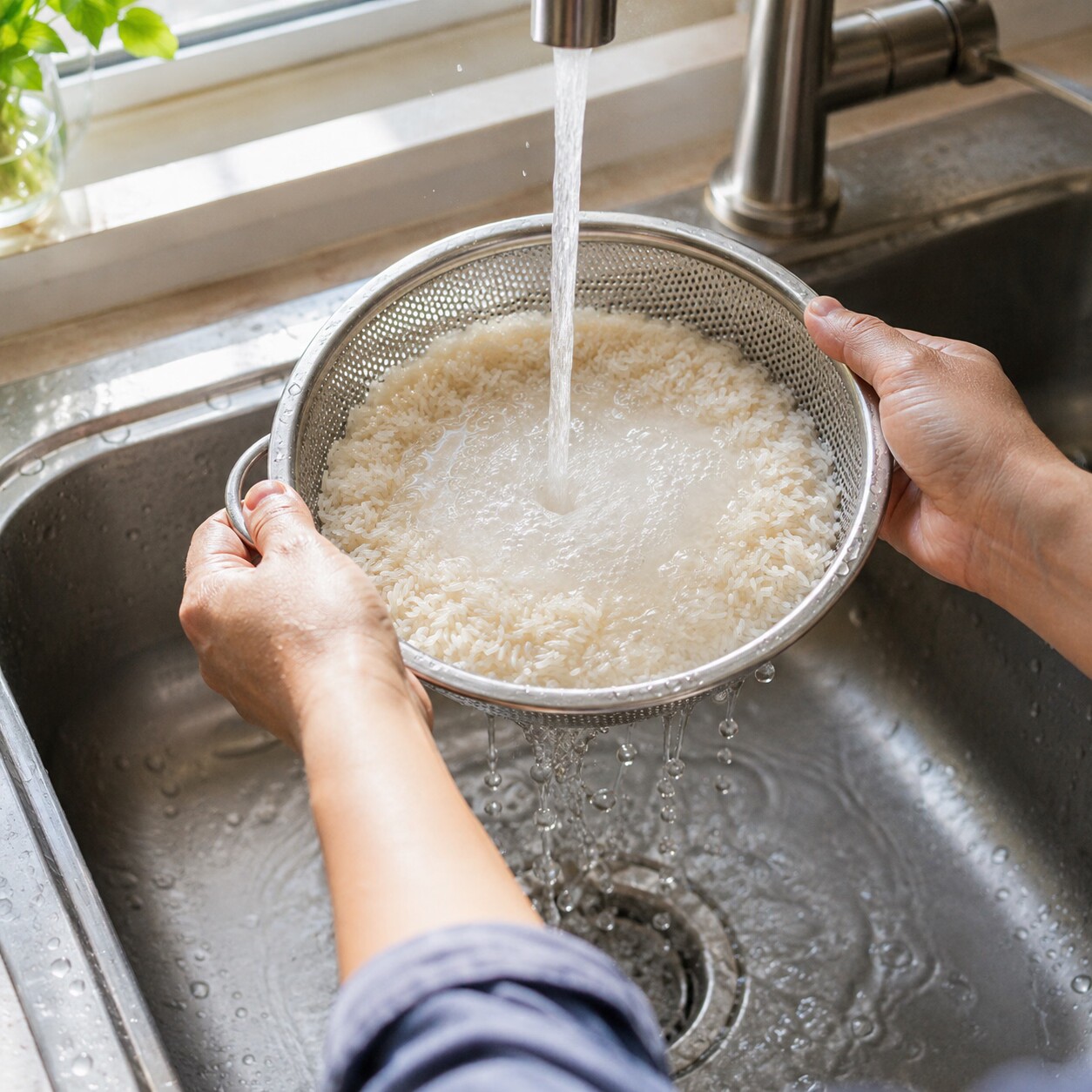 Person thoroughly rinsing uncooked rice in a colander under running water at a kitchen sink to reduce cadmium content before cooking