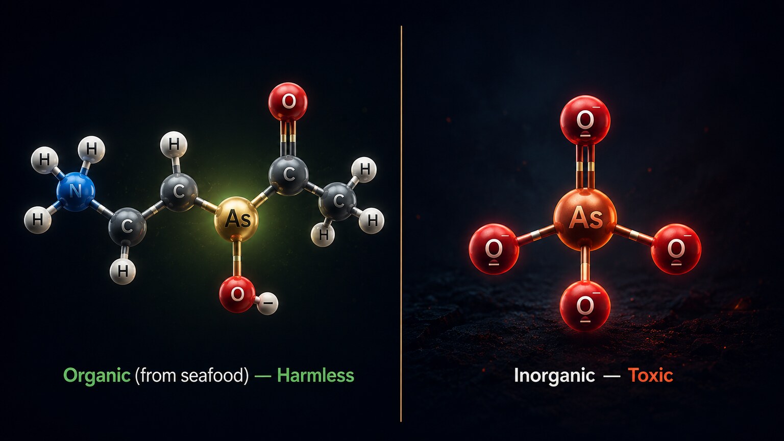Scientific illustration comparing the molecular structure of harmless organic arsenobetaine found in seafood against toxic inorganic arsenic compounds