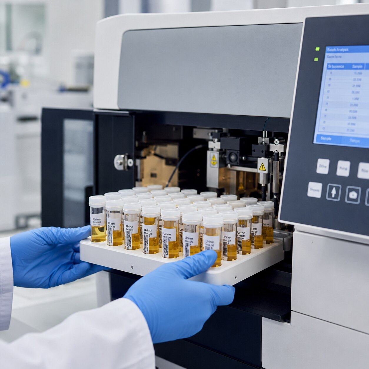 Laboratory technician loading urine samples into a specialized analyzer capable of distinguishing organic from inorganic arsenic species