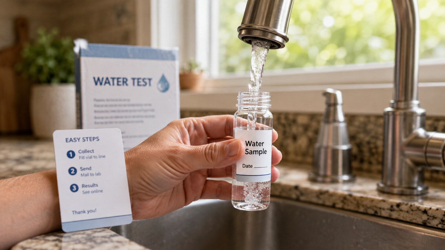 Home water testing kit with a labeled sample vial being filled from a kitchen tap to check for arsenic contamination