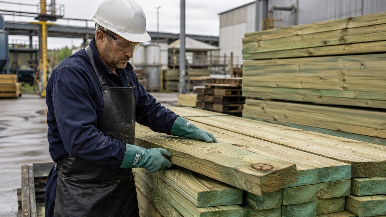 Worker in protective equipment at an industrial wood treatment facility, one of the occupational settings associated with inorganic arsenic exposure