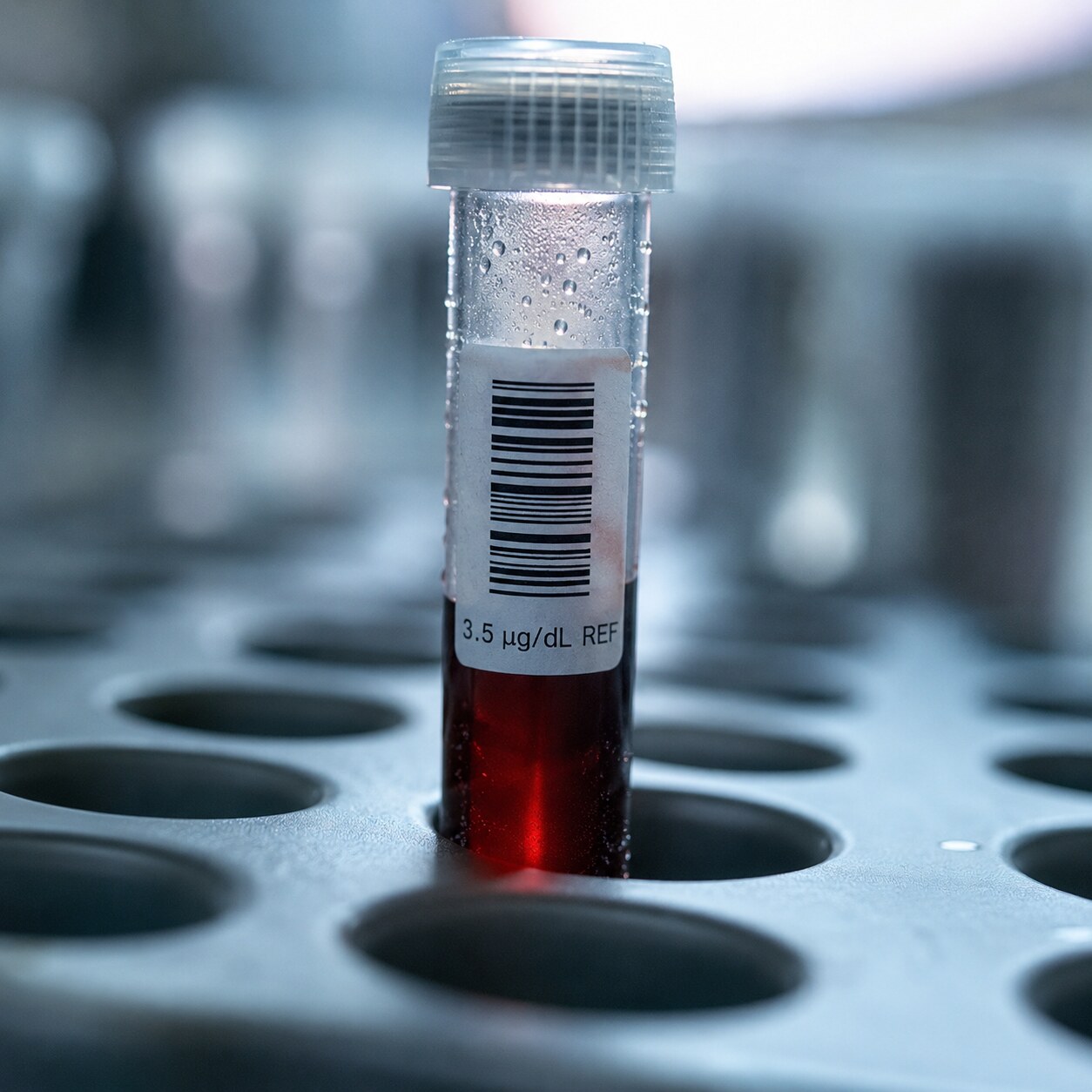 Close-up of a labeled blood sample vial marked with a 3.5 micrograms per deciliter reference threshold