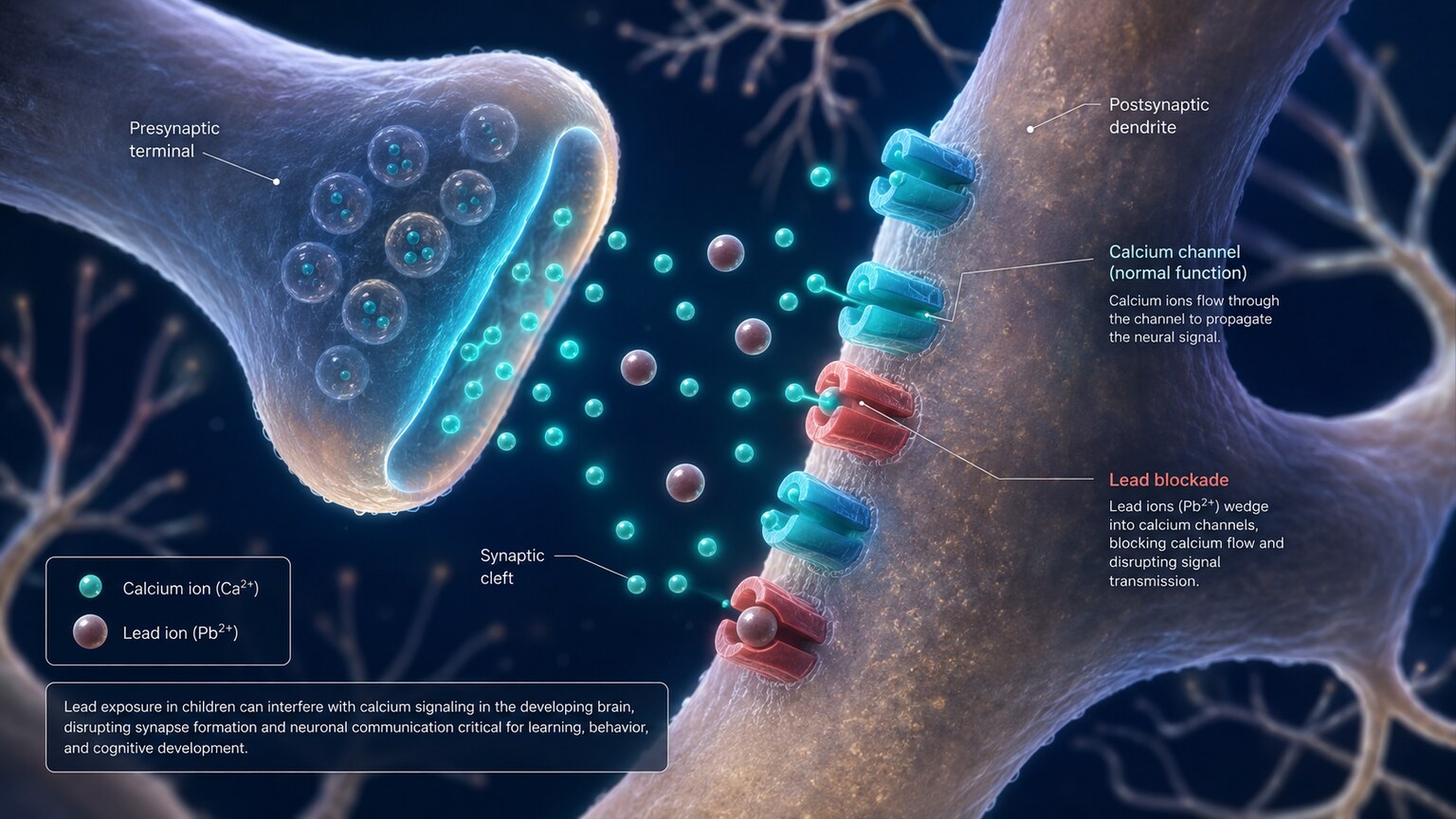 Scientific illustration of lead ions disrupting calcium signaling at a developing synapse in a child's brain