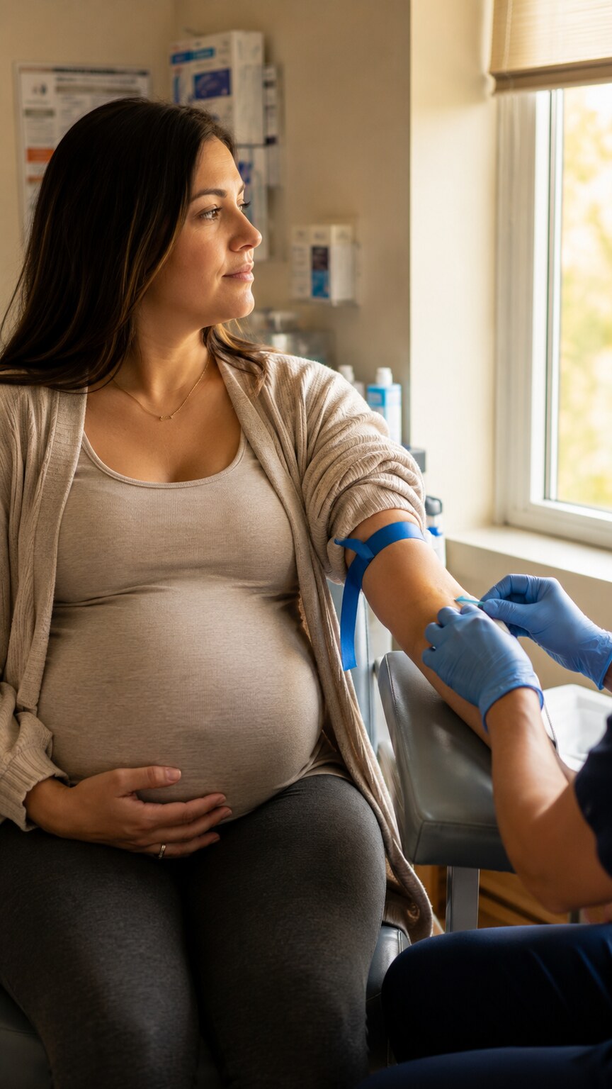 Pregnant woman at a prenatal appointment having a blood sample drawn for lead level screening