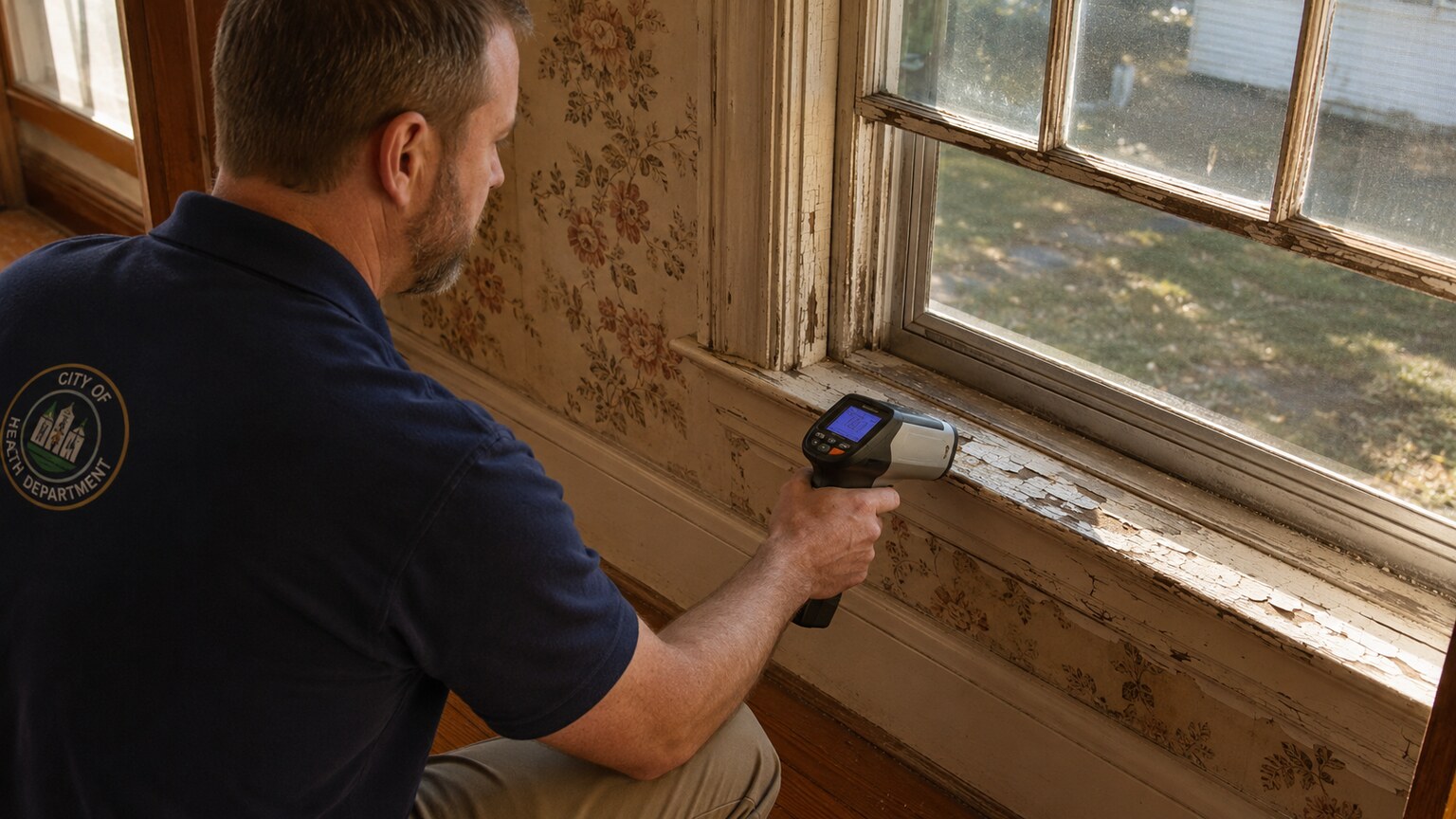 Health inspector using an XRF device to test painted window trim for lead in an older home