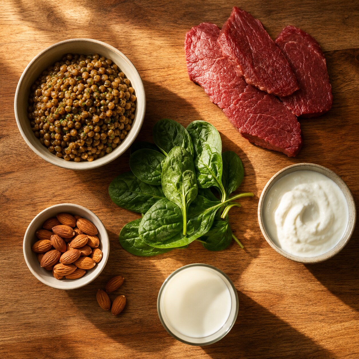 Iron-rich and calcium-rich foods arranged together, shown as dietary factors that reduce intestinal lead absorption