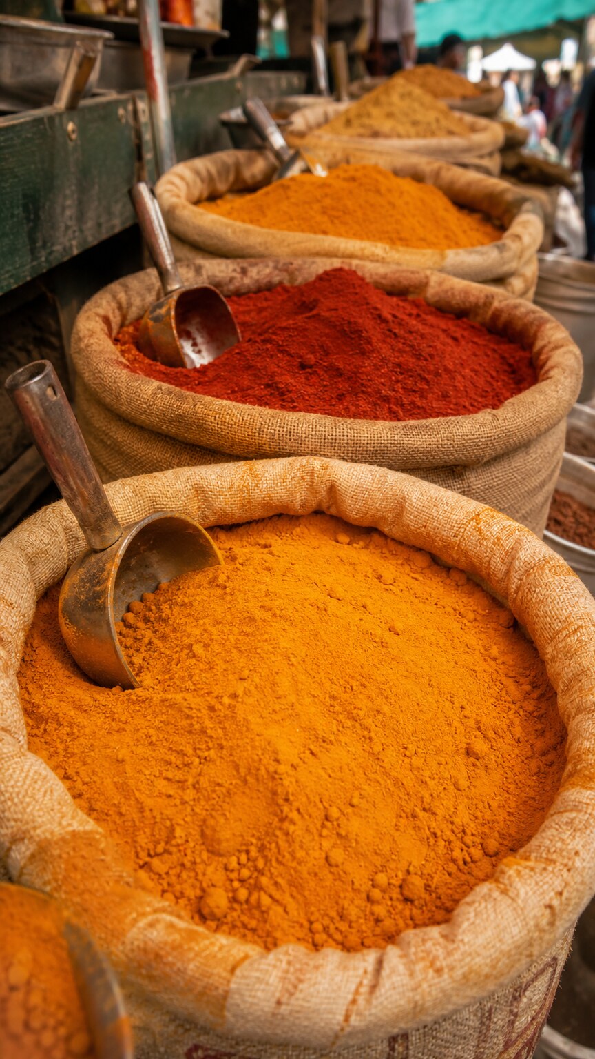 Open bags of vividly colored turmeric and spice powder at a market, a documented source of lead contamination