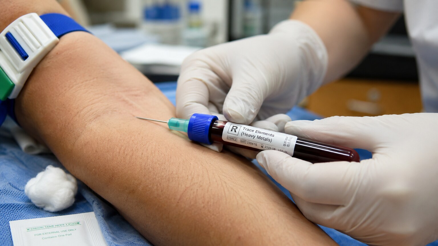 Royal blue trace-element-free blood collection tube being filled during a venous draw for a heavy metals panel