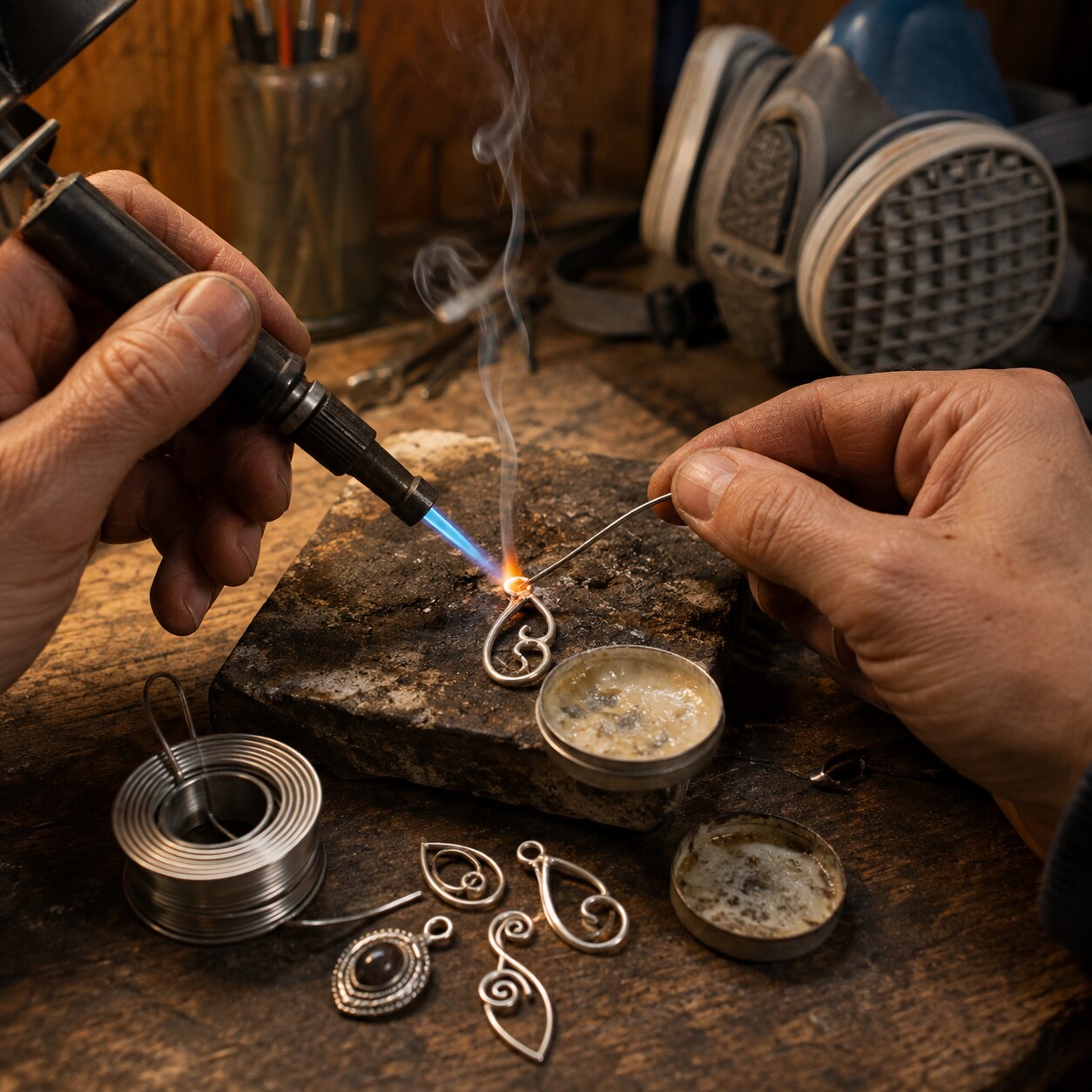 Close-up of gloved hands soldering metal jewelry components at a workbench, a common source of lead and cadmium exposure
