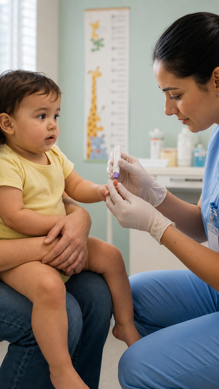 Nurse holding a toddler's hand during a fingerstick blood lead screening test at a pediatric well-child visit