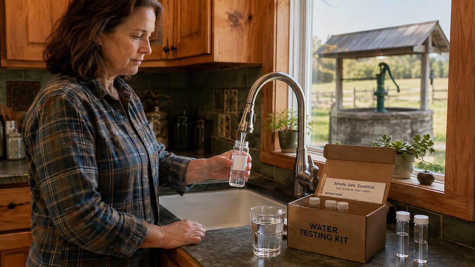 Person filling a glass water testing vial from a kitchen faucet in a rural home served by a private well