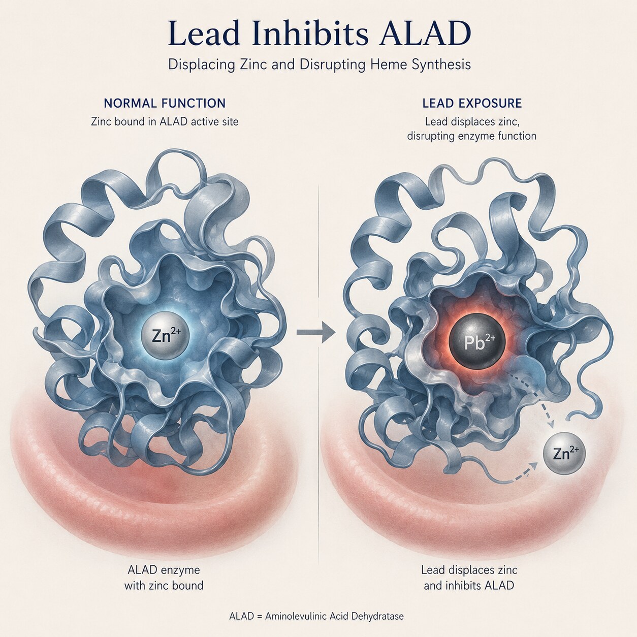Scientific illustration of a lead ion displacing zinc inside the ALAD enzyme, blocking a step in red blood cell heme production