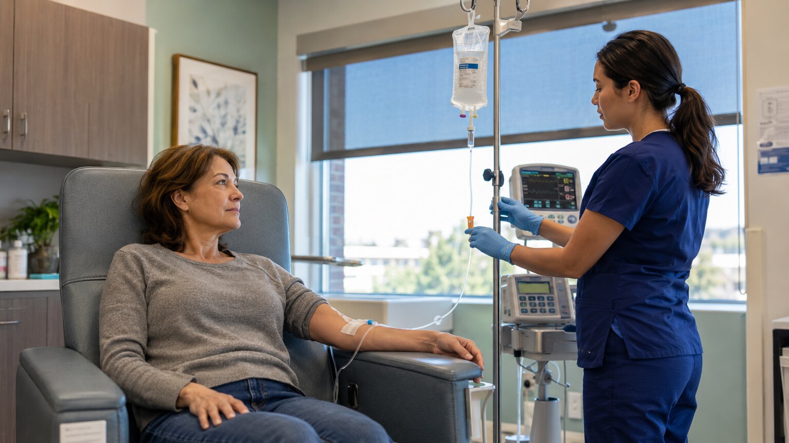 Patient receiving an intravenous chelation therapy infusion in a clinical treatment chair under a nurse's supervision