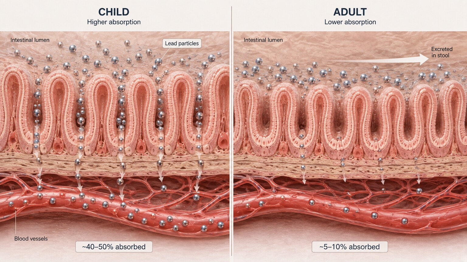 Scientific cross-section illustration comparing lead particle absorption in a child's small intestine versus an adult's small intestine