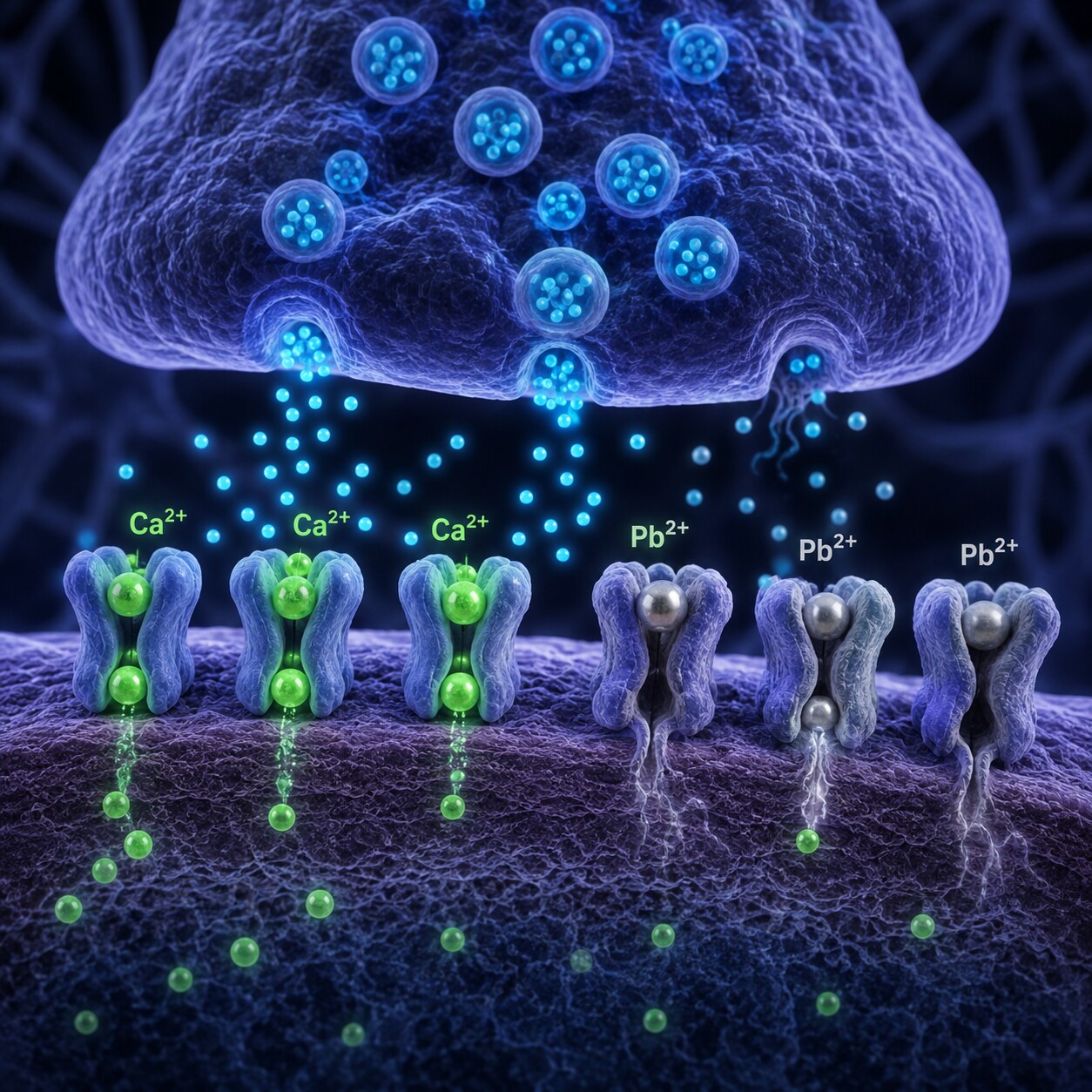 Scientific illustration of lead ions mimicking calcium and binding to an NMDA receptor at a developing brain synapse