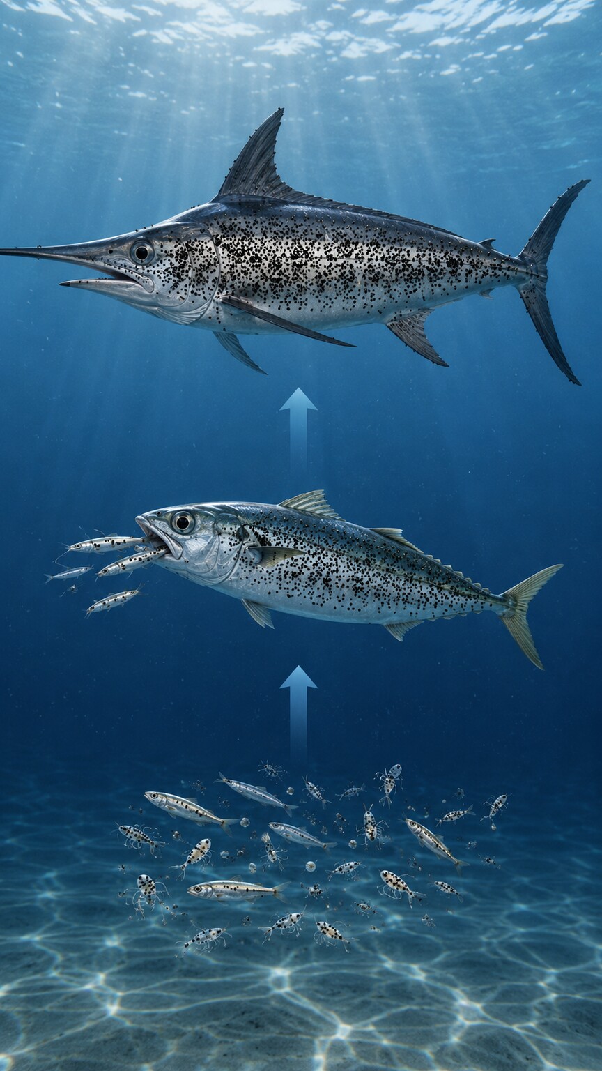 Illustrated diagram showing methylmercury concentrating at each step of a marine food chain from small fish to large predatory fish