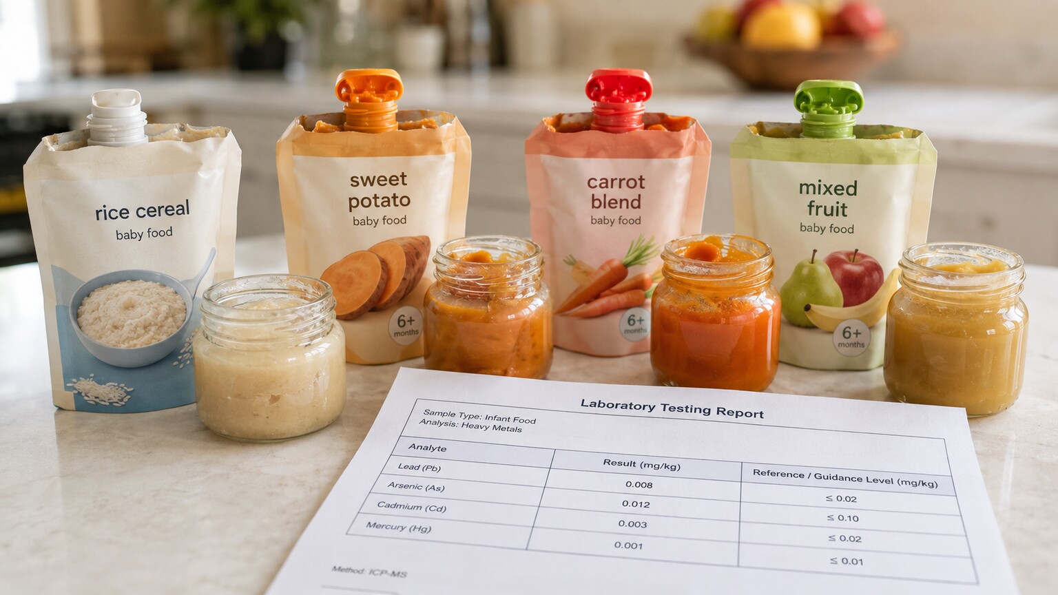 Open infant food pouches and jars arranged on a kitchen counter next to a laboratory testing report checking for trace heavy metal content