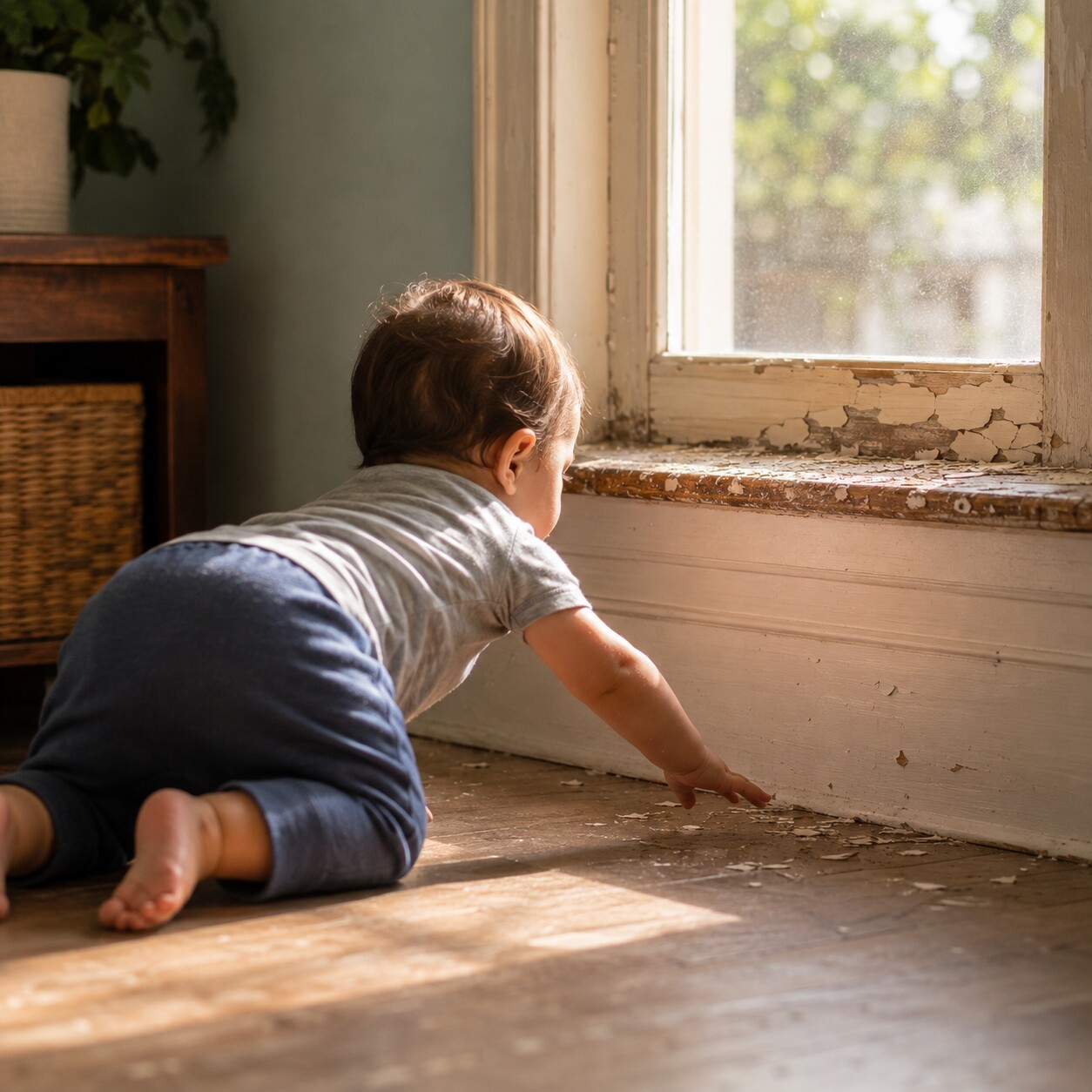 Candid photo of a toddler crawling across a living room floor near an older windowsill with visibly peeling paint