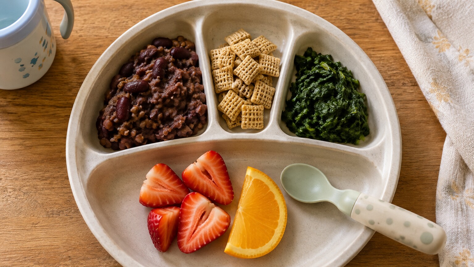 A toddler-sized plate arranged with iron-rich foods including beans, spinach, and fortified cereal alongside a small serving of citrus fruit