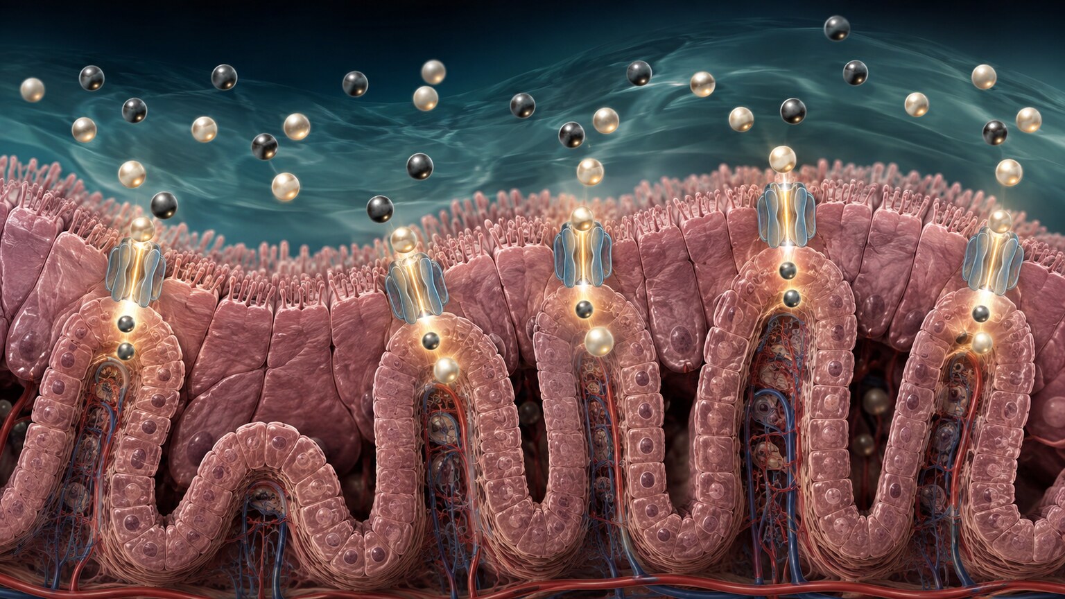 Scientific illustration of lead ions being absorbed through the intestinal lining into the bloodstream by mimicking calcium