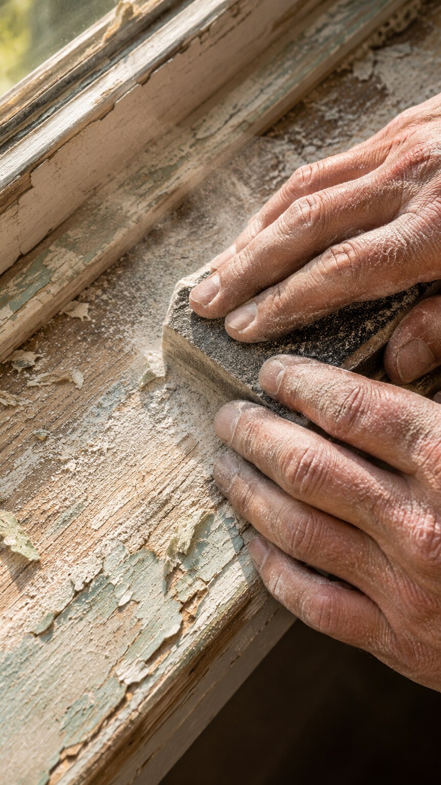 Close-up of hands sanding an old painted window sill with visible dust rising into a sunbeam