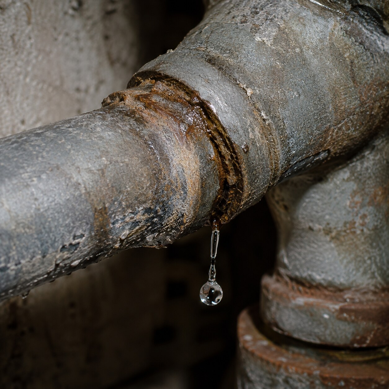 Close-up of a corroded old lead pipe joint with water dripping from a visible pinhole leak