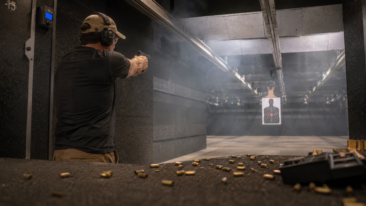 Person shooting at an indoor firing range with visible haze and spent brass casings on the floor