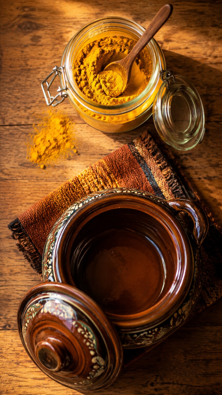Open jar of bright yellow turmeric powder beside a traditional glazed ceramic cooking pot on a kitchen counter