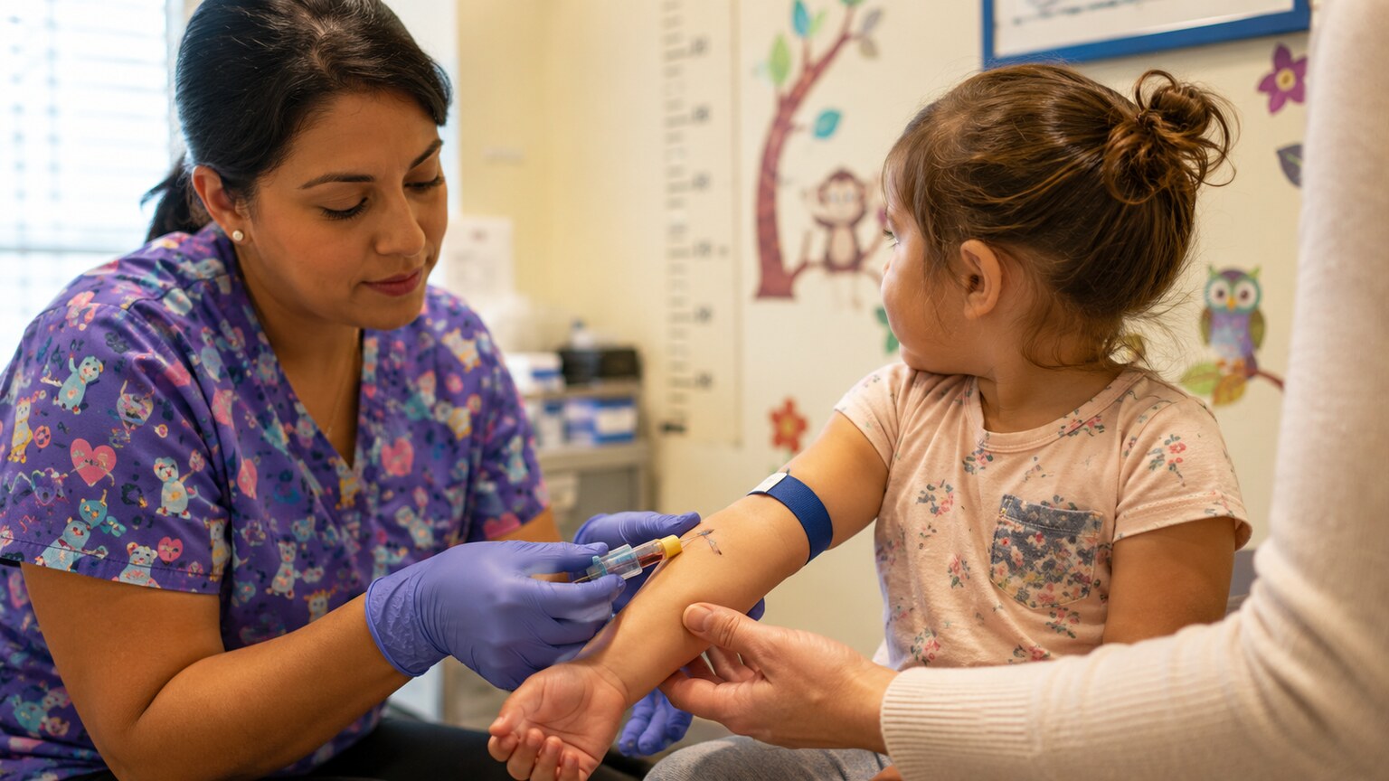Pediatric nurse drawing a small blood sample from a toddler's arm during a routine lead screening visit