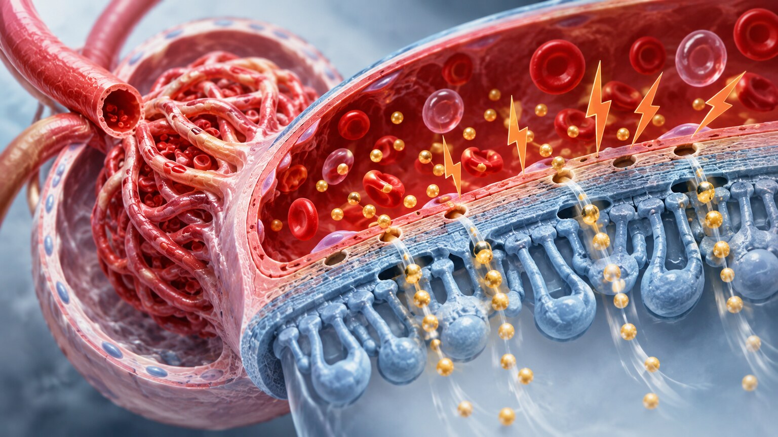 Cross-section illustration of a kidney glomerulus filtration membrane with protein molecules passing through under stress