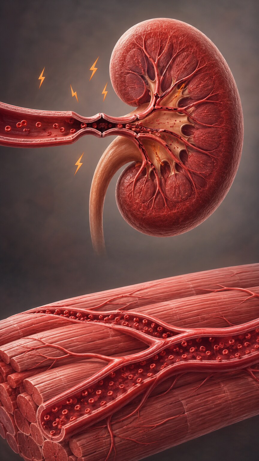 Illustration of a kidney with narrowed blood vessels representing reduced renal blood flow during intense physical exertion