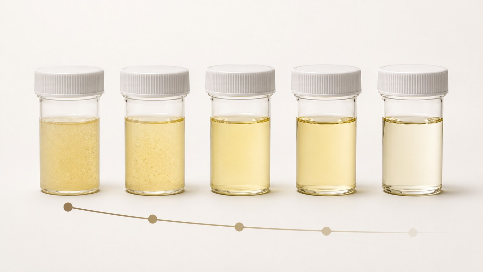 Illustration showing declining protein concentration in a series of urine sample vials across a 48-hour recovery timeline