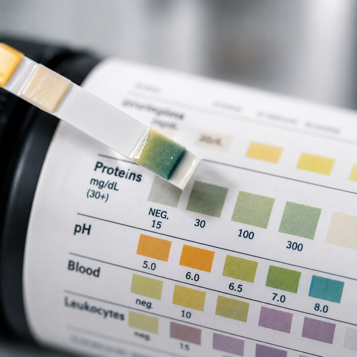 Close-up macro photograph of a urine test strip with the protein reagent pad showing a color change against its reference chart