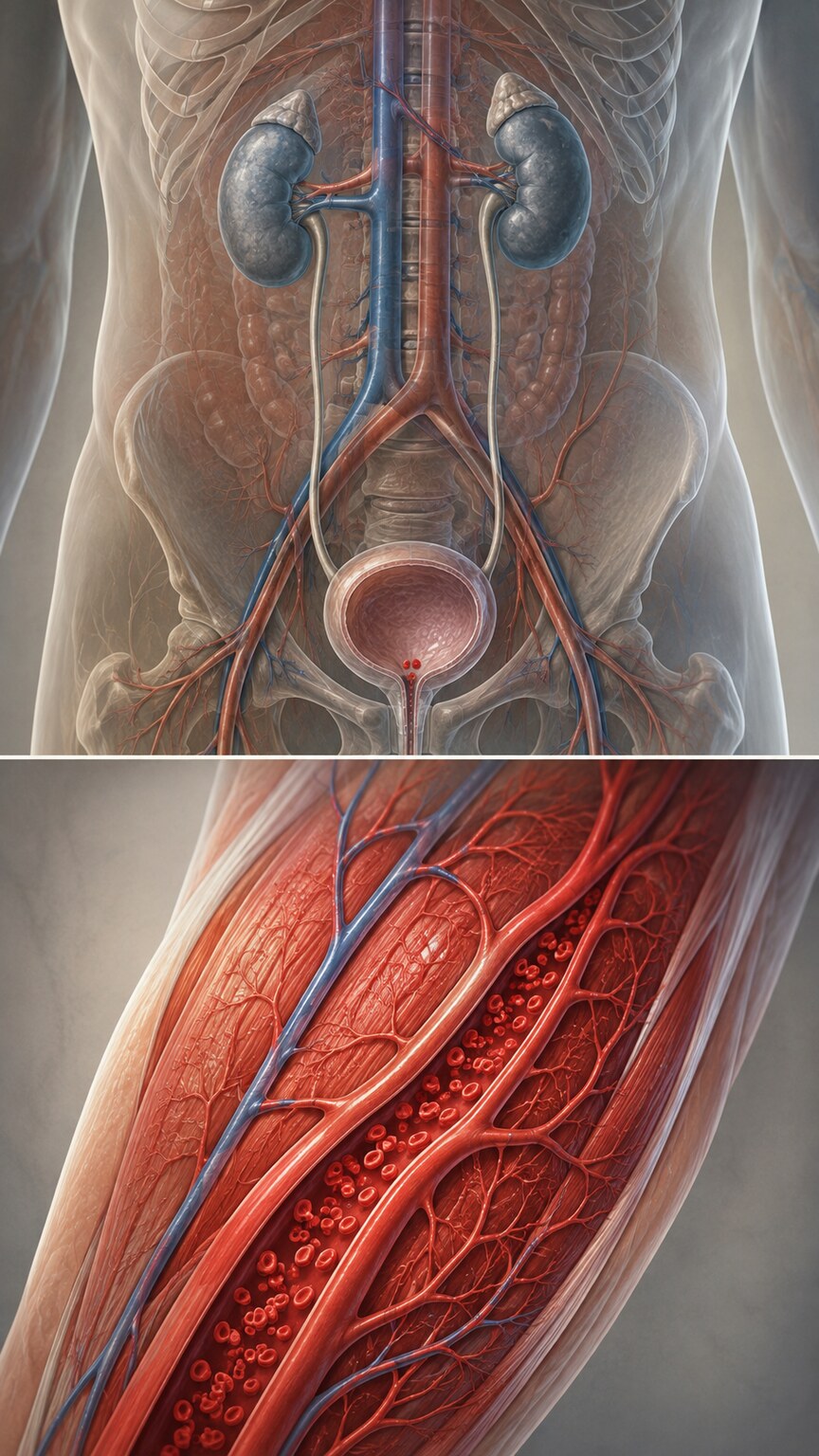 Illustration of blood vessels constricting around the kidney while dilating around active skeletal muscle during exercise