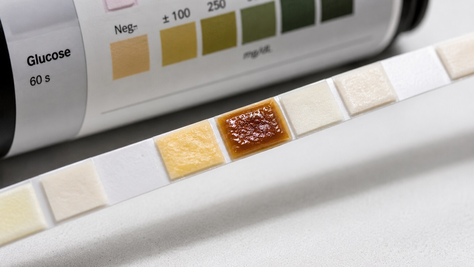 Close-up of a urine dipstick test pad showing a color change reaction that indicates the presence of glucose