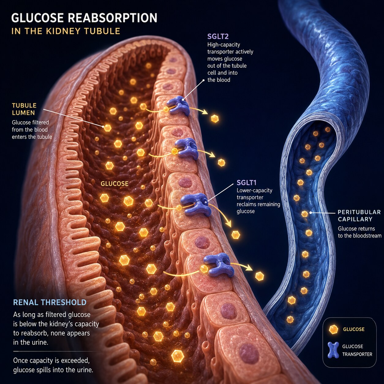 Scientific illustration of a kidney tubule actively reabsorbing glucose molecules back into the bloodstream through specialized transporter proteins