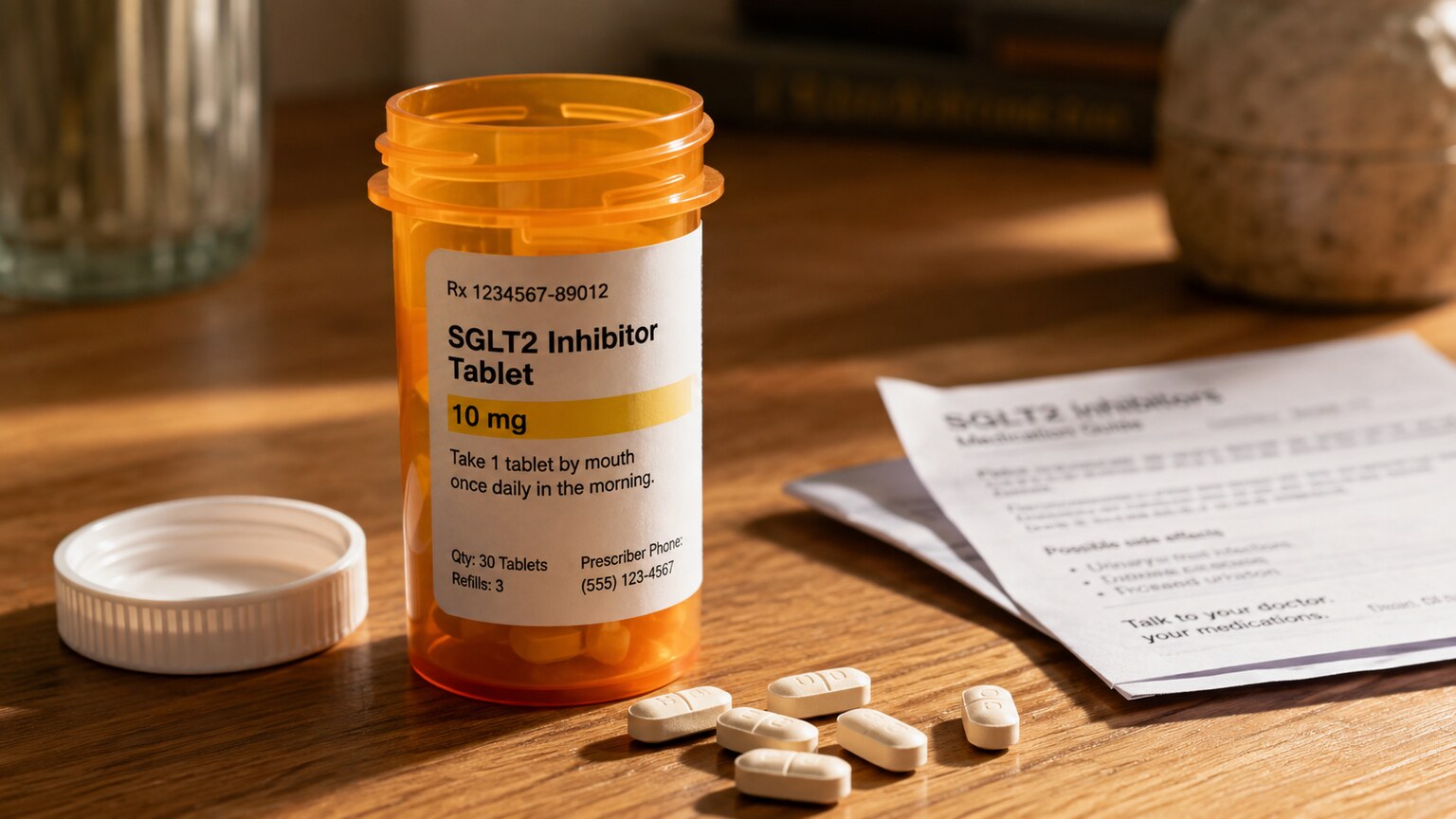 Prescription medication bottle and tablets on a desk, representing a class of drugs specifically designed to cause glucose excretion in urine