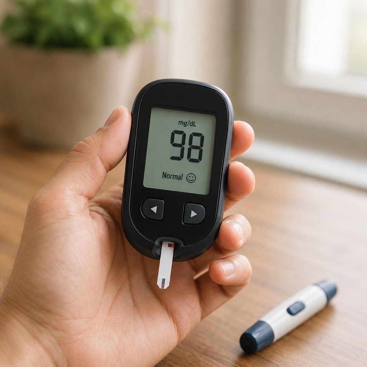 Blood glucose meter displaying a fingerstick reading, the definitive test used to confirm whether elevated blood sugar explains a positive urine glucose finding