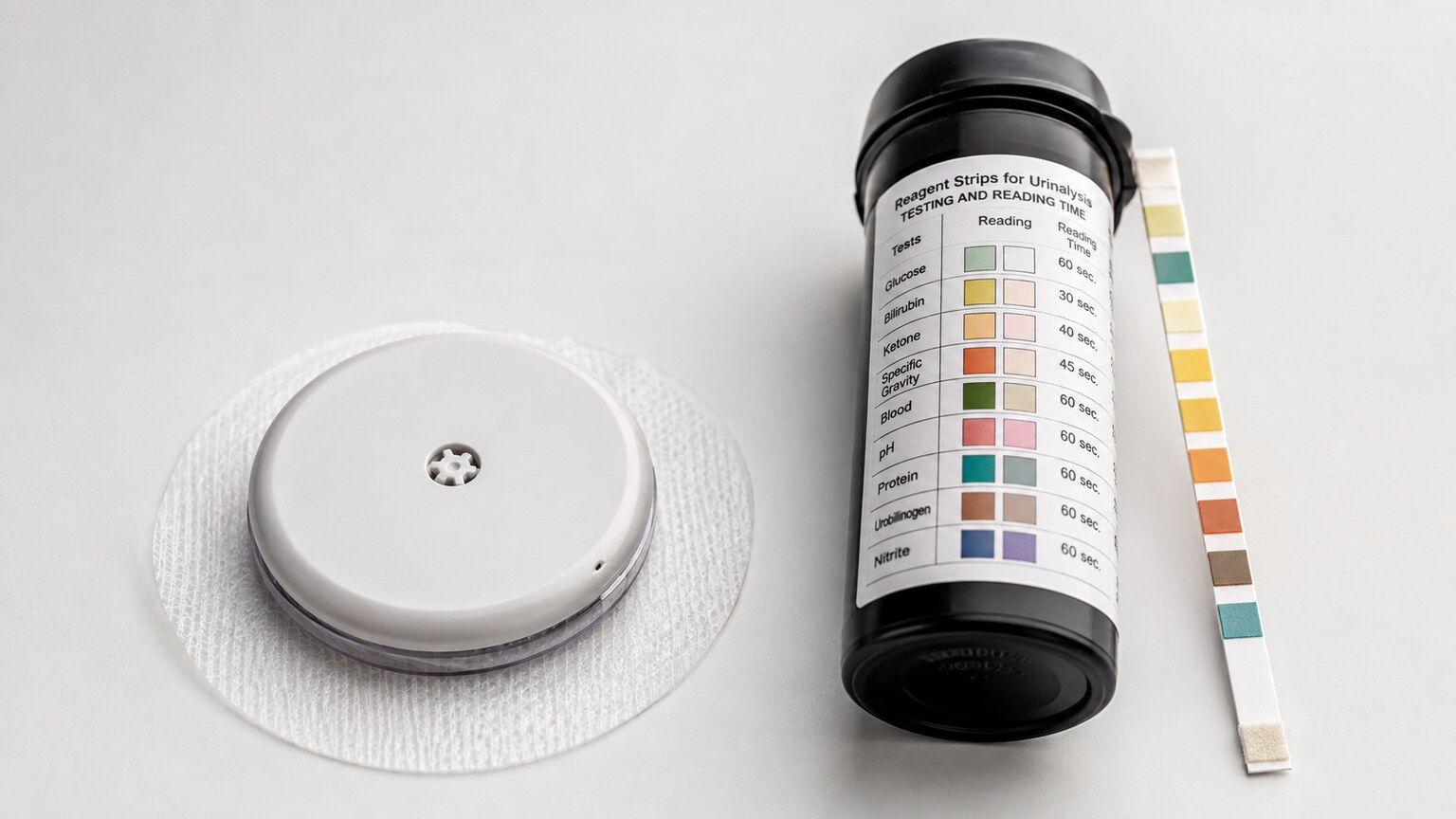 A modern continuous glucose monitor sensor positioned beside an older-style urine test dipstick, representing the shift in diabetes monitoring technology