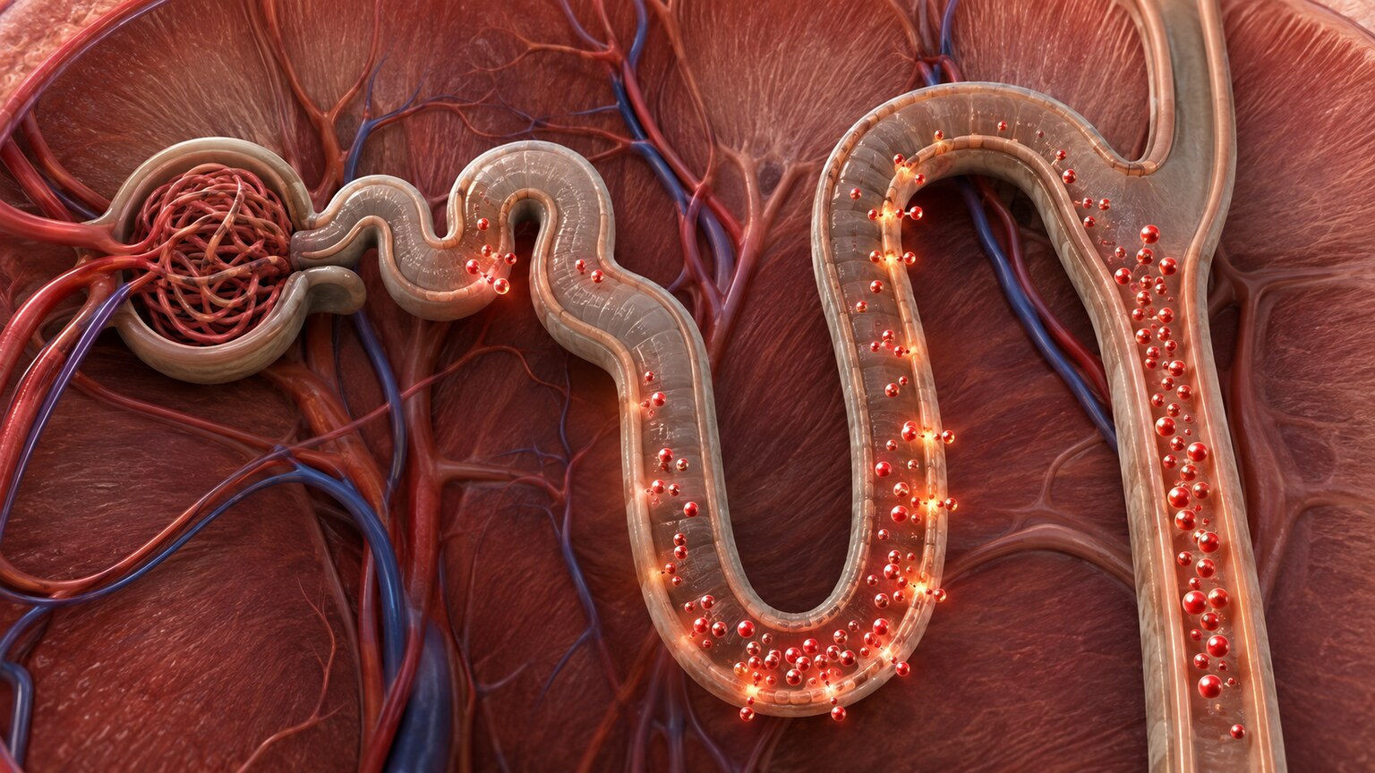 Scientific illustration of a kidney tubule actively secreting hydrogen ions into urine to regulate the body's acid-base balance